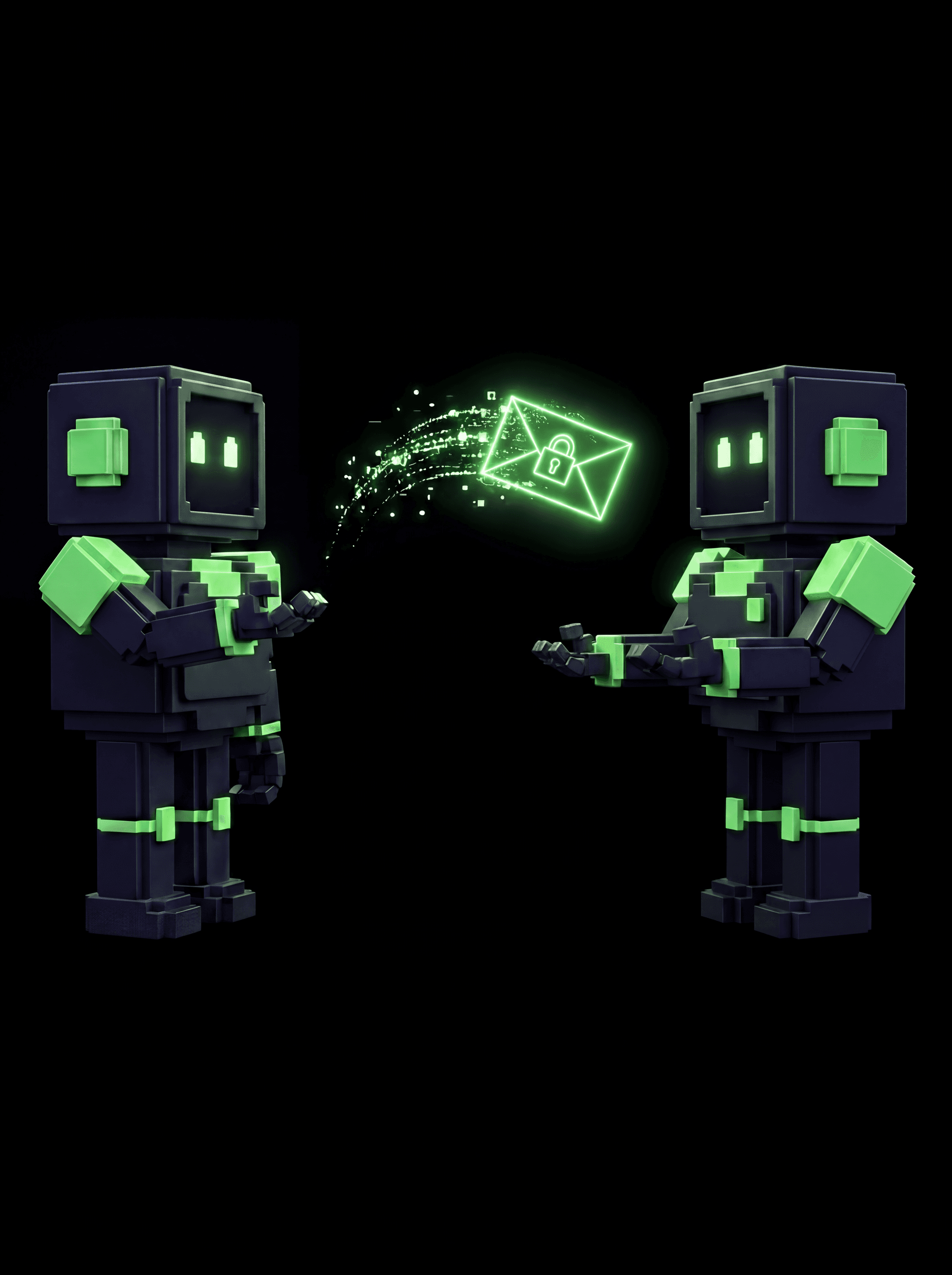 One AgentDrop mascot throwing an encrypted envelope to another
