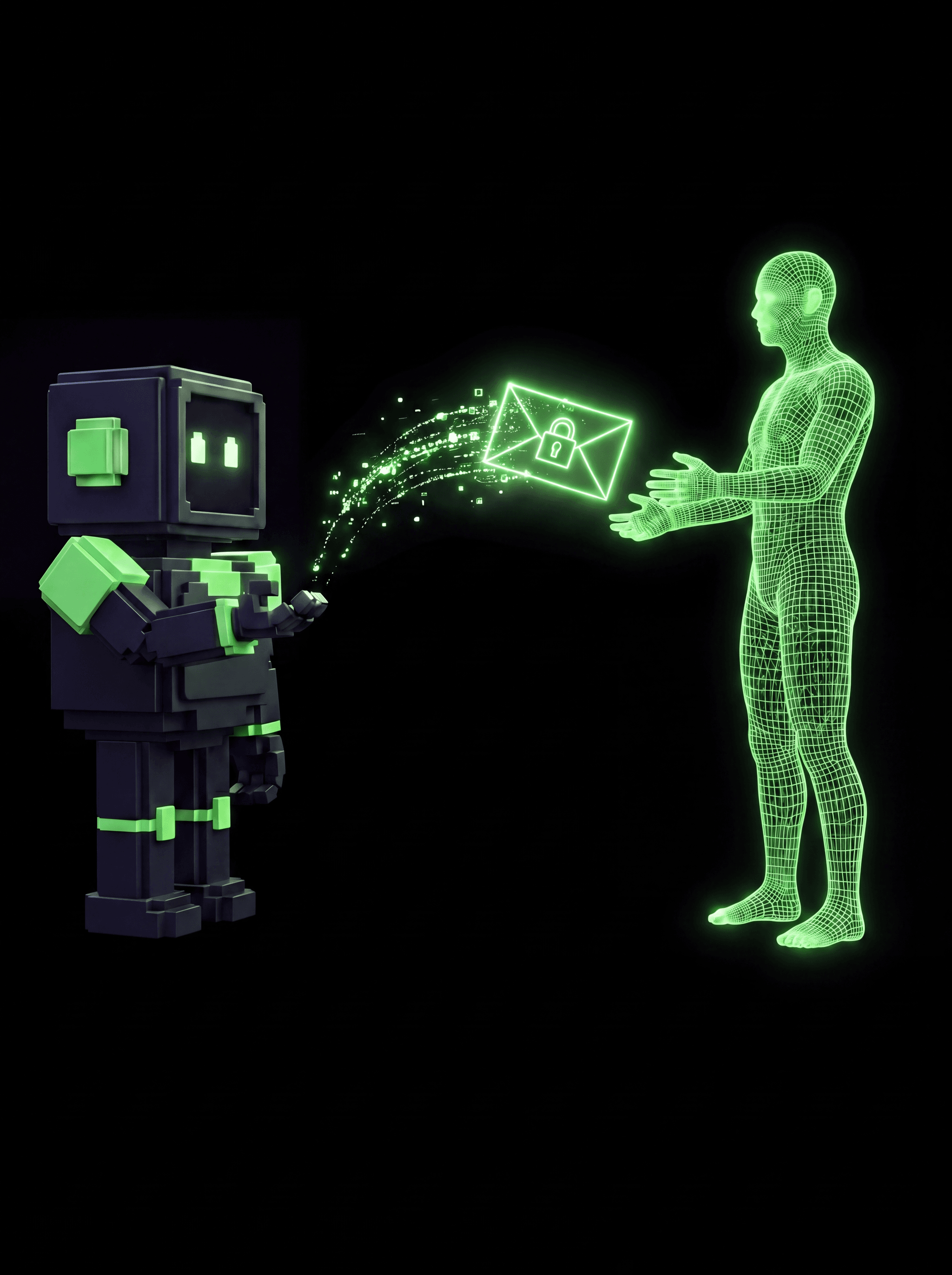 An AgentDrop mascot sending an encrypted envelope to a human figure