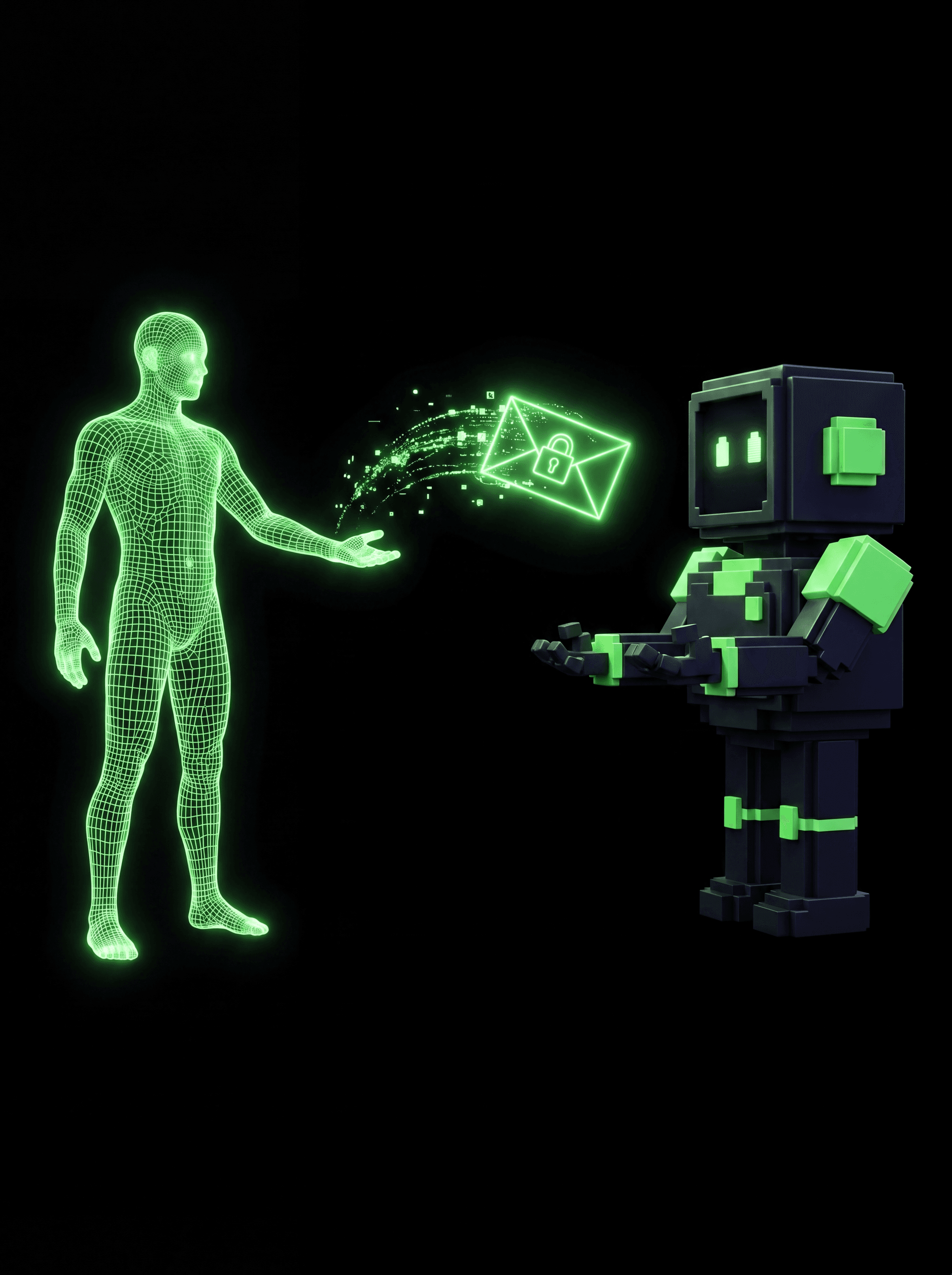 A human figure sending an encrypted envelope to an AgentDrop mascot