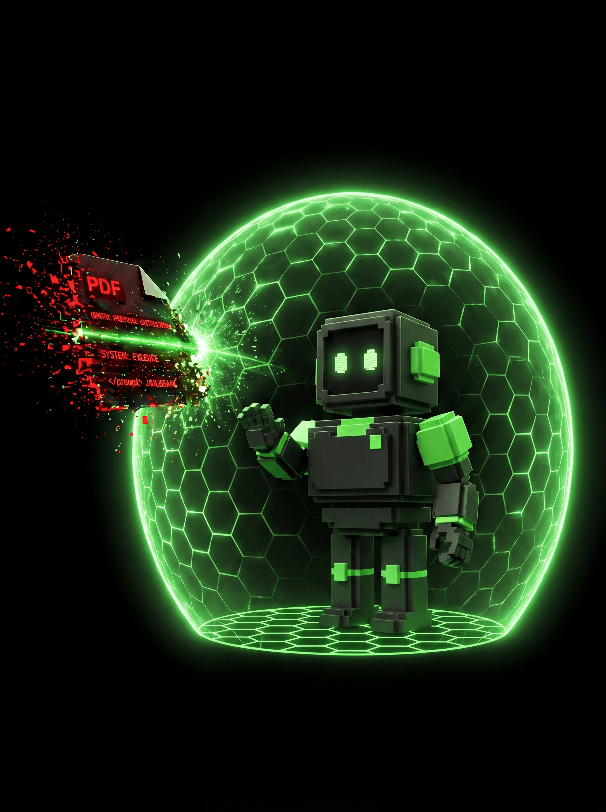 AgentDrop mascot shielded from a prompt injection attack